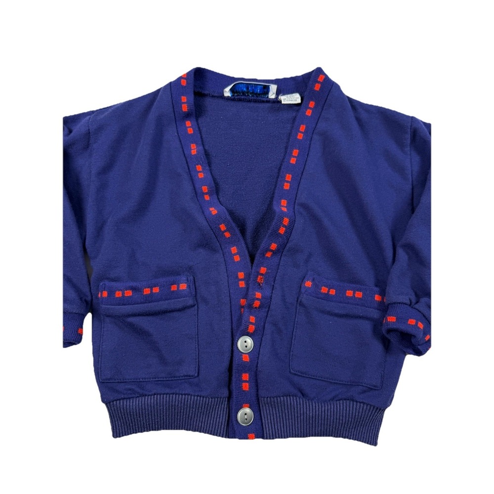 Vtg Baby Cardigan Sweater Royal Blue Red Checkered Trim Pockets Grandpa Sz 3T